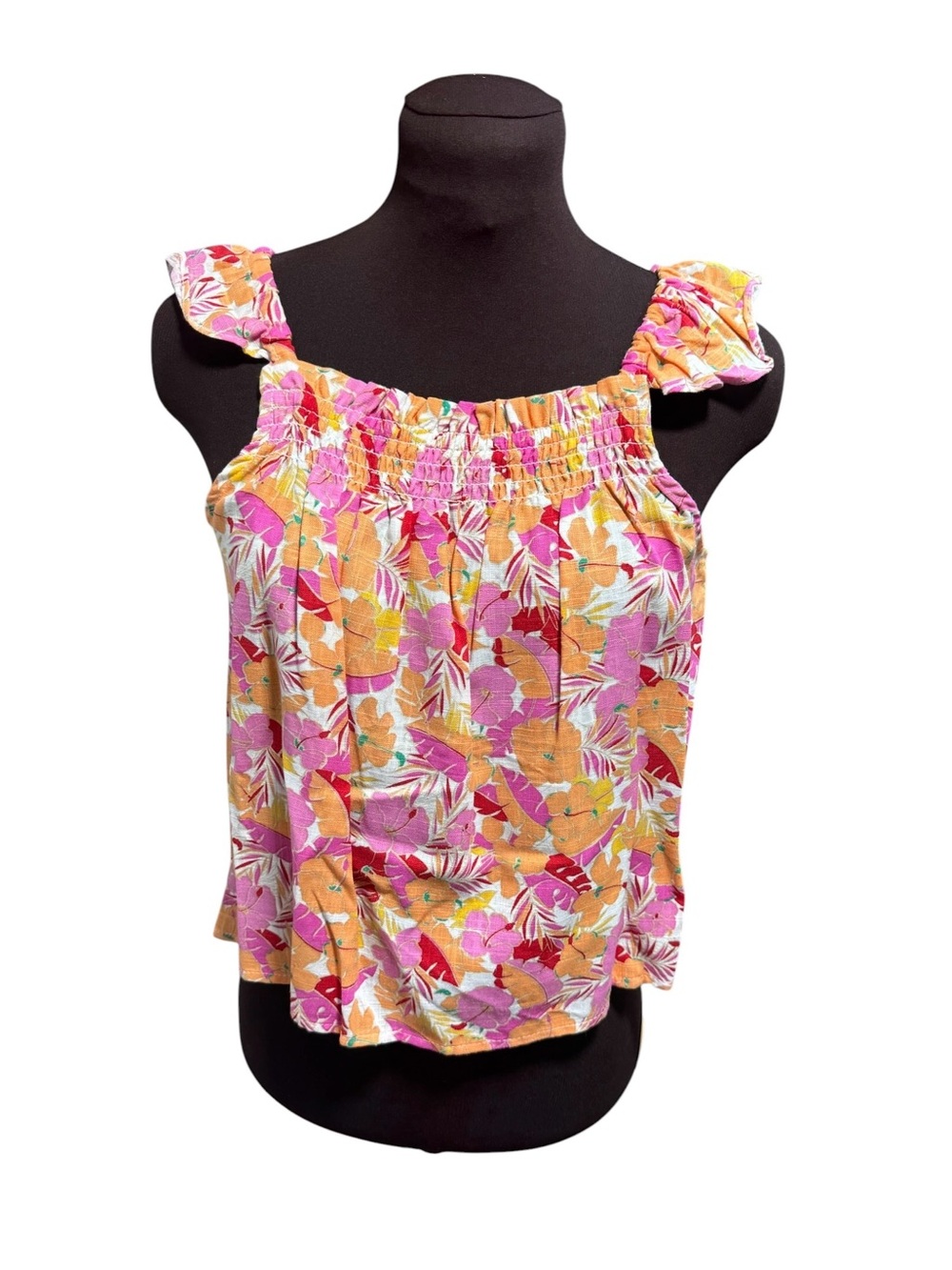 Copper Key Girls XL 16 Floral Tank Top Ruffle Strap Linen Blend Pink Orange
